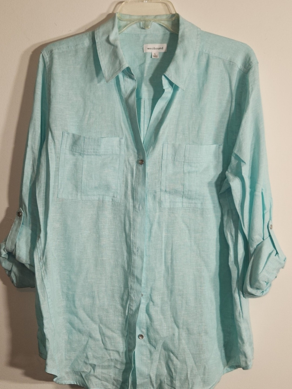 🩵Westbound🩵 Linen-Blend, Size Large, Light Blue Aqua Greenish Button-Up Shirt